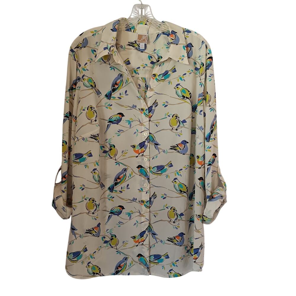 JM Collection Blouse Women's 22W Button Up Cream Birds Artsy Whimsy